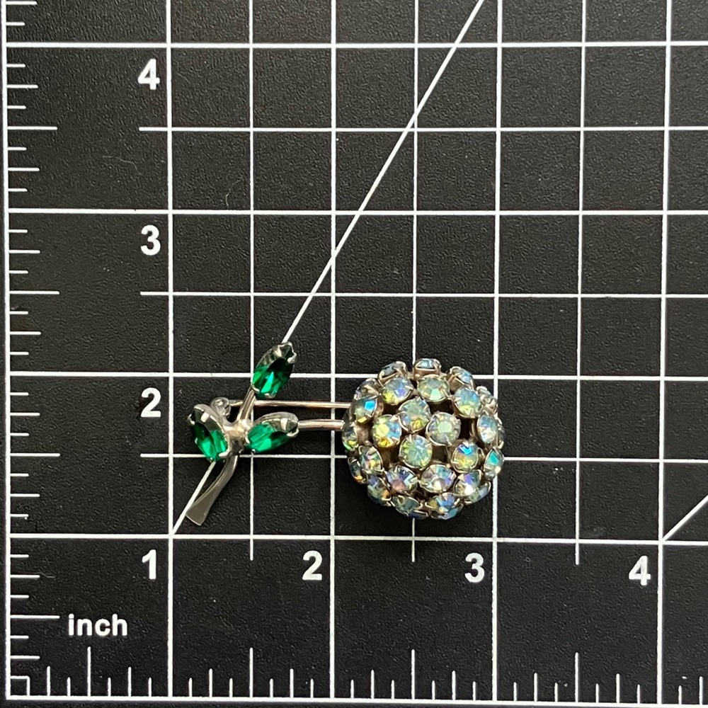 Vintage Warner Rhinestone Flower Brooch Blue AB Iridescent Domed Floral Pin 2" - Picture 5 of 11